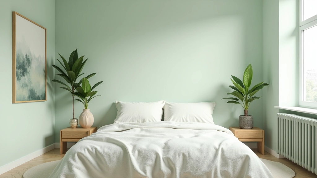 Quarto com paleta de cores calmantes, paredes em tons suaves de verde menta e cinza claro