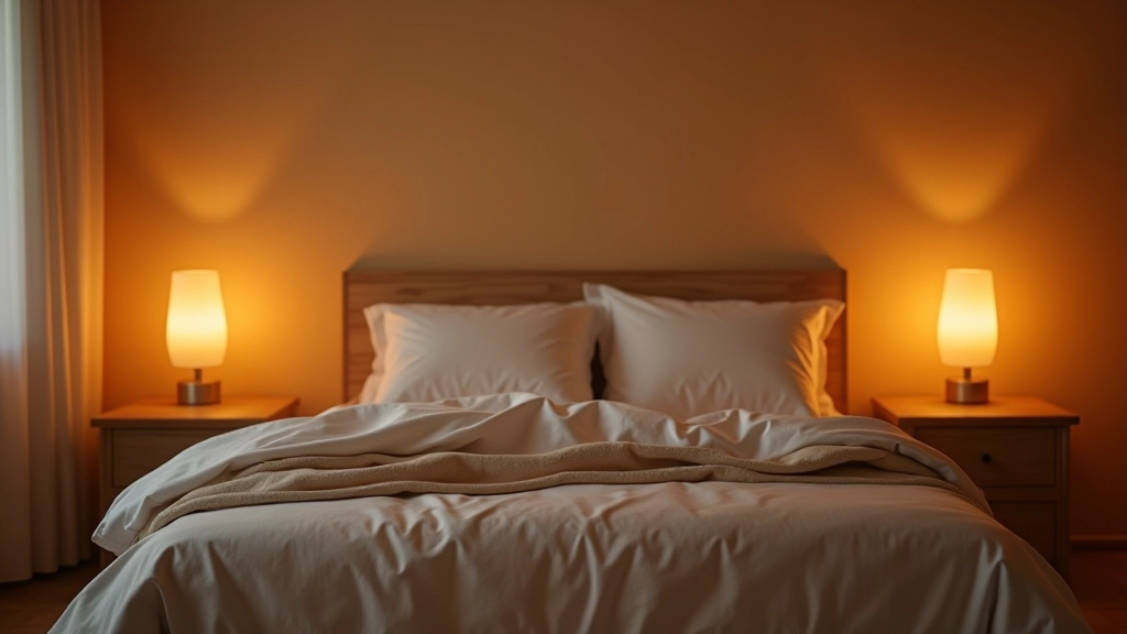 Iluminação ambiente em quarto com luminárias de cabeceira, luz quente e dimerizável