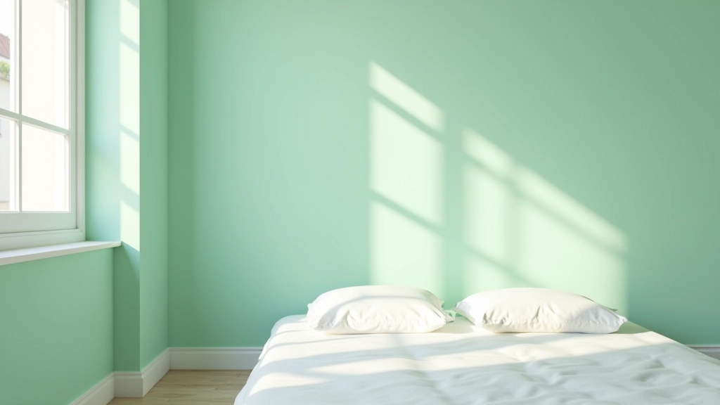 Parede de quarto pintada em tom suave de verde-água, com luz natural da manhã, cama simples ao fundo