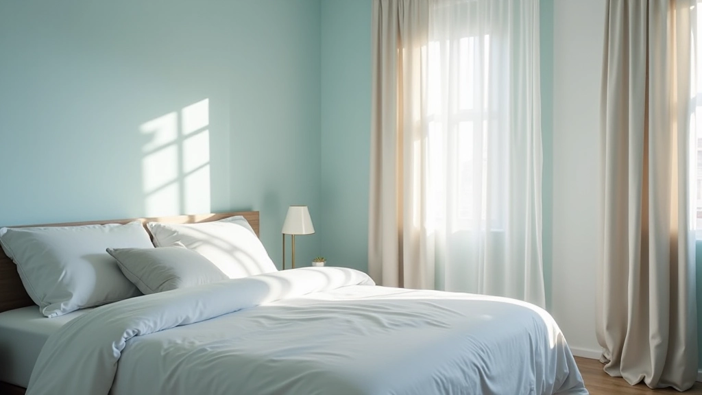 Quarto com paredes azul-piscina suave, cortinas de linho claro, luz morna da noite