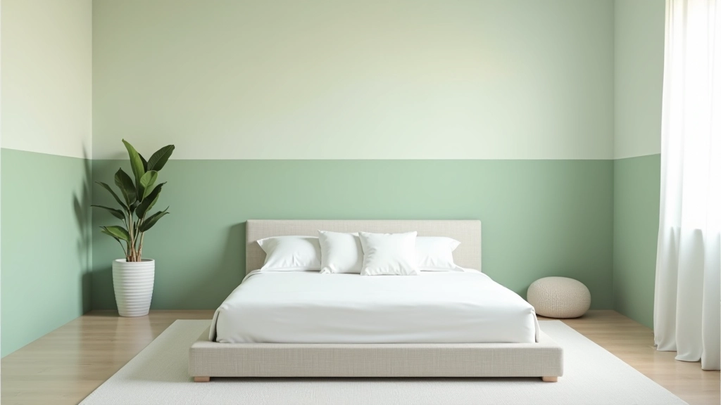 Quarto com duas cores: meia parede em verde suave e meia em cinza claro, separação horizontal suave