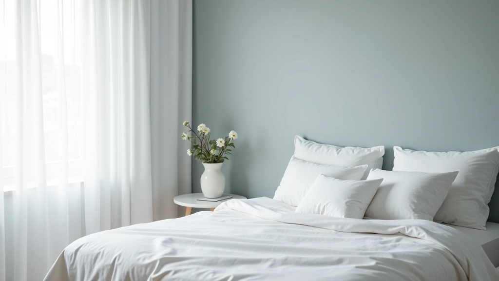 Quarto com parede principal em cinza-azulado morno, cama branca com travesseiros, janela com cortinas translúcidas