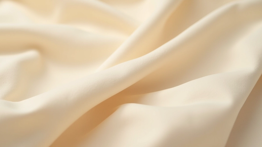 Close-up de tecido de algodão egípcio premium com textura suave, tons bege natural, luz morna
