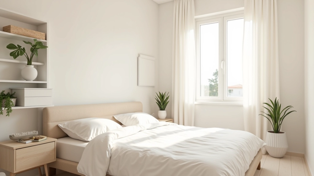 Quarto minimalista bem iluminado com paleta de cores neutras, mostrando como integrar todos os conceitos de design