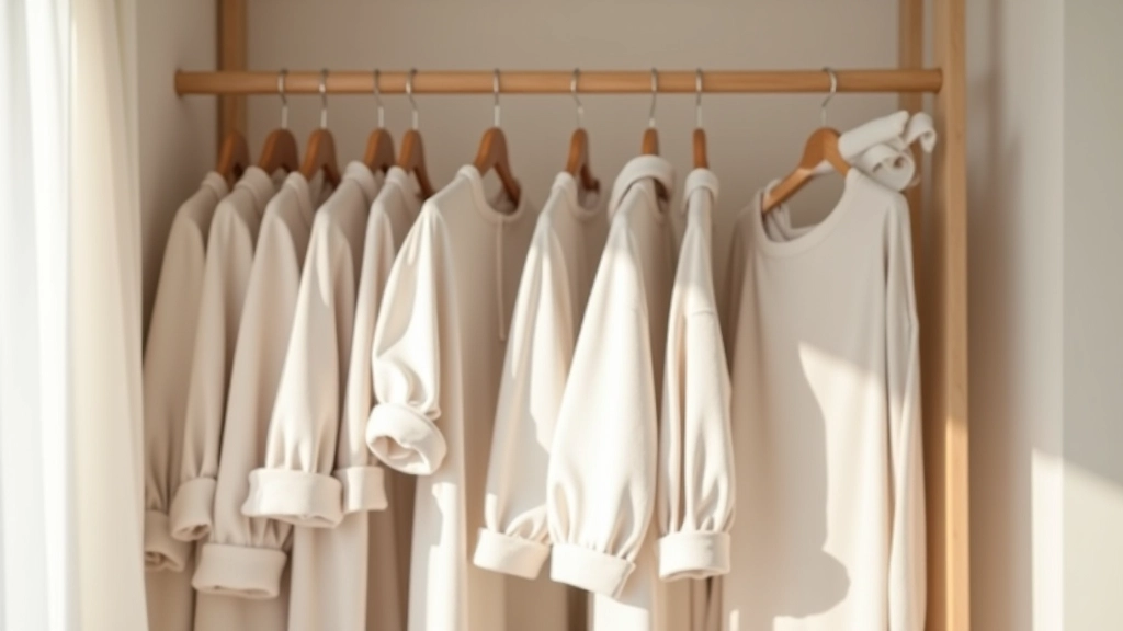 Closet minimalist organizado com roupas em cores neutras penduradas em cabideiro de madeira
