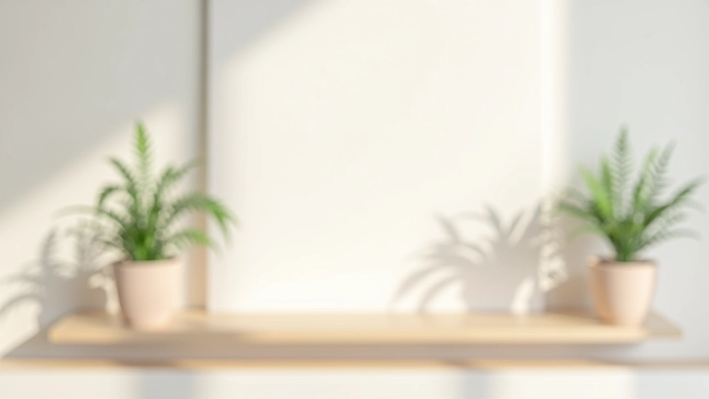 Prateleira minimalista com poucos itens decorativos espaçados, plantas em vasos neutros e superfície limpa