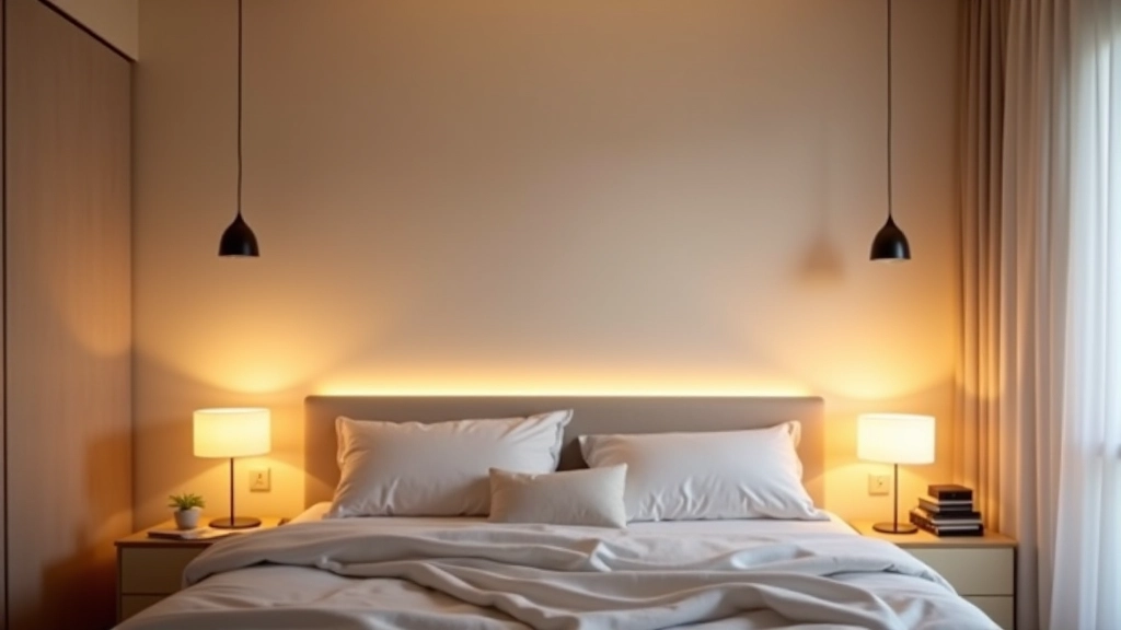 Quarto bem organizado com diferentes tipos de iluminação: luz geral, luminárias de cabeceira e fita LED âmbar
