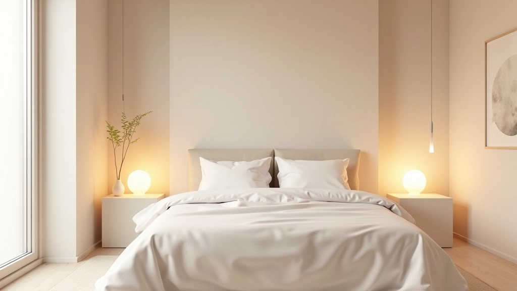 Quarto elegante com cores calmantes e iluminação confortável