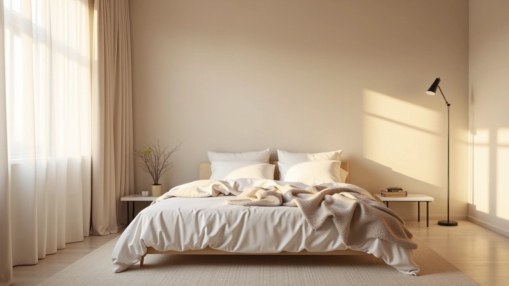 Quarto minimalista com paleta de cores neutras e iluminação quente ao entardecer