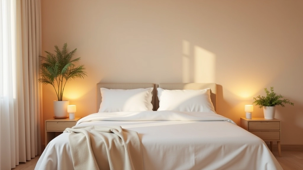 Quarto sereno com cama confortável, iluminação suave e cores neutras relaxantes