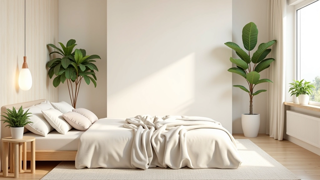 Espaço de quarto sereno com plantas, móveis de madeira natural e decoração minimalista
