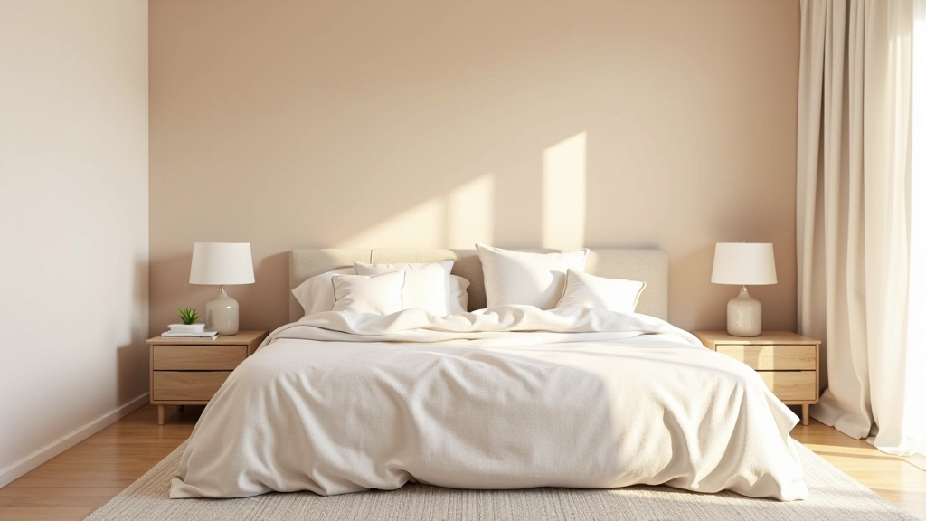 Quarto bem planejado com combinação equilibrada de cores suaves, têxteis de qualidade e iluminação cuidadosamente pensada